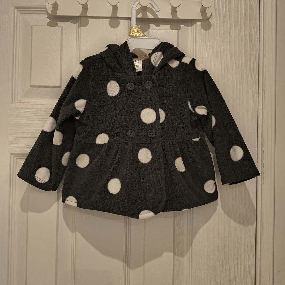 Carter's Fleece Black and White Polka Dot Pea Coat Jacket With A Hood